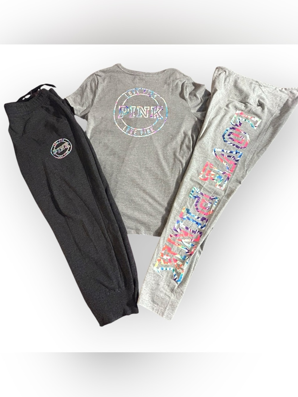 Victoria’s Secret PINK Rainbow Tie-Dye Logo 3pc Set Gray L
